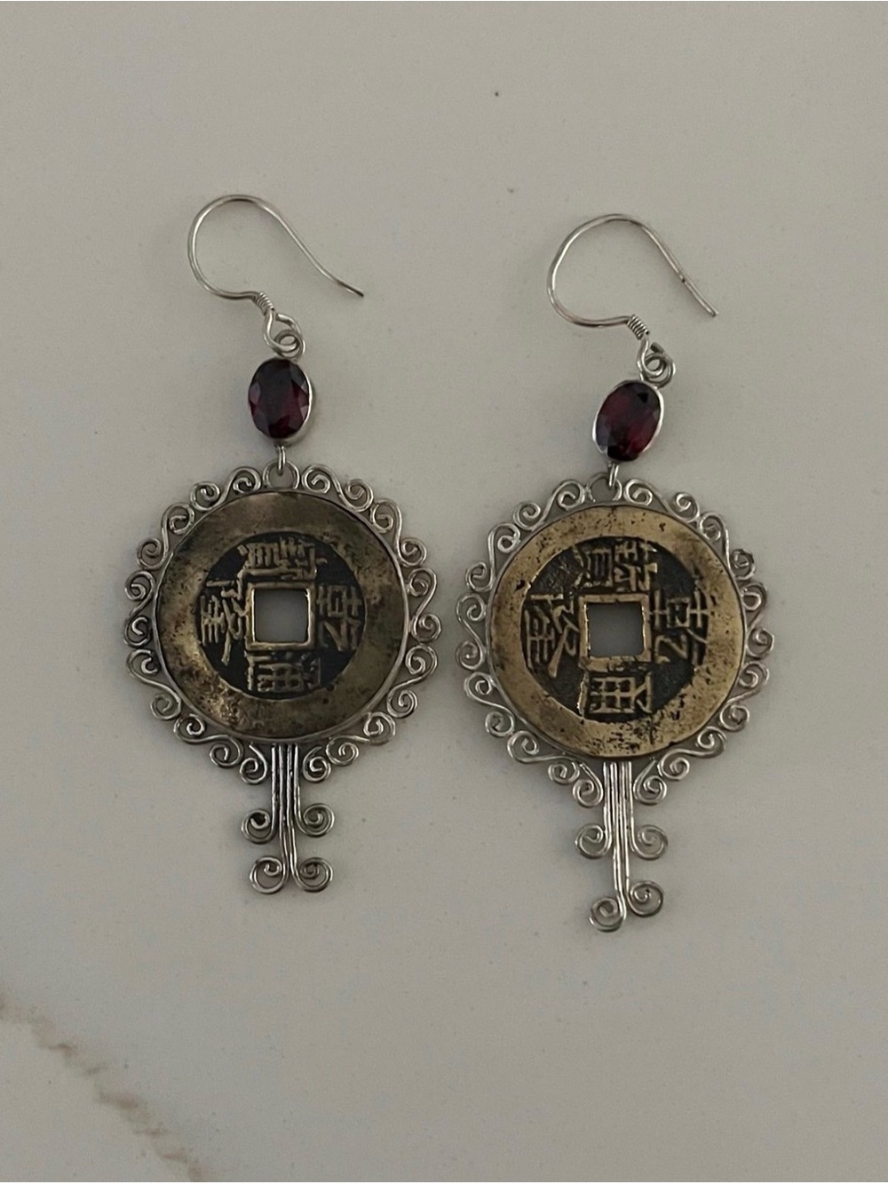 Vintage Chinese coin earrings with garnet